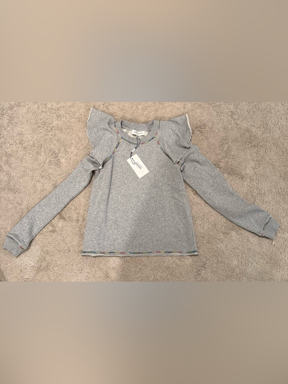 Something Navy Gray Ruffle Shoulder Long Sleeve Tee with Multicolor Trim